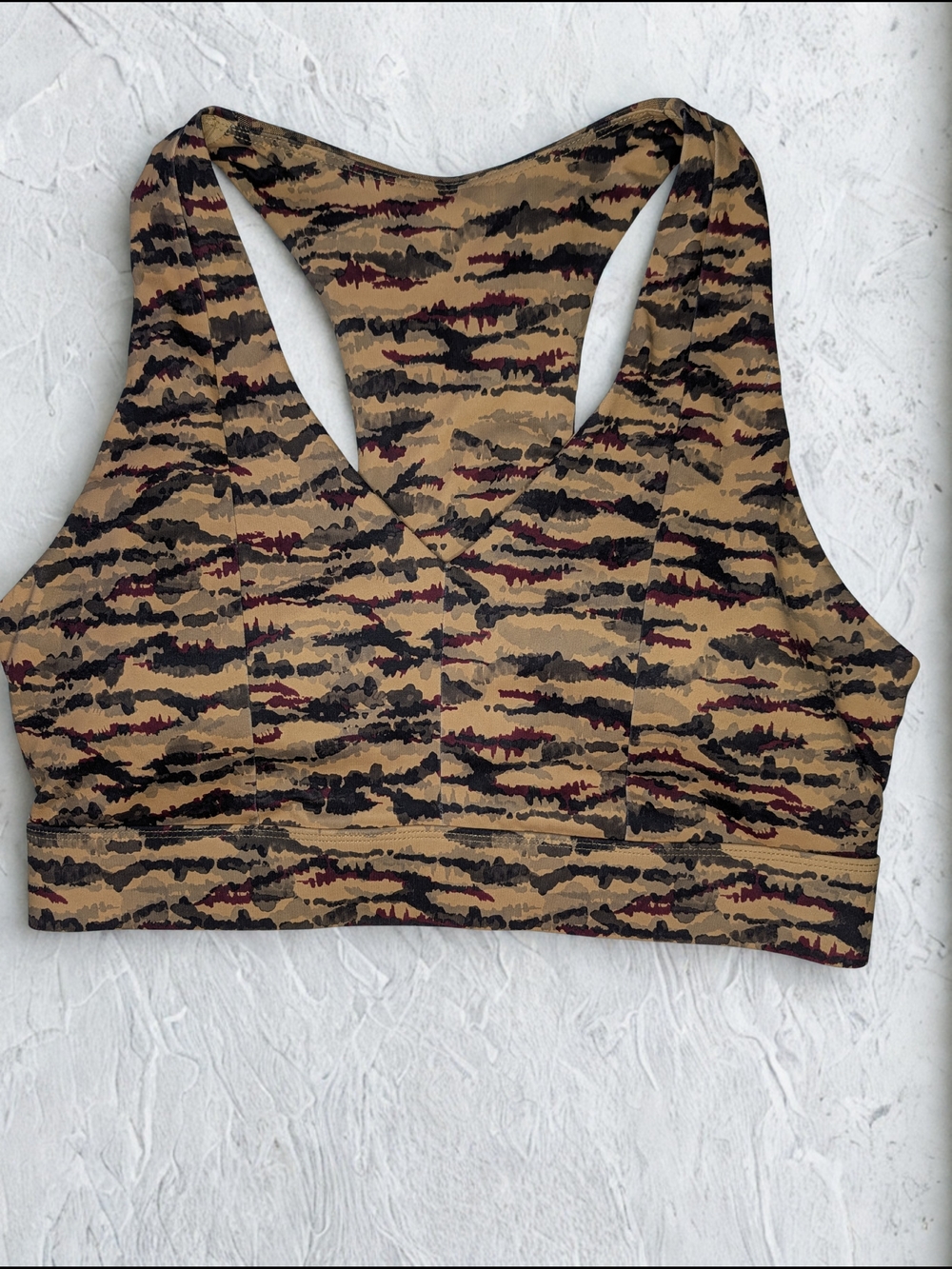Camo Print Racerback Sports Bra - Tan, Black & Burgundy